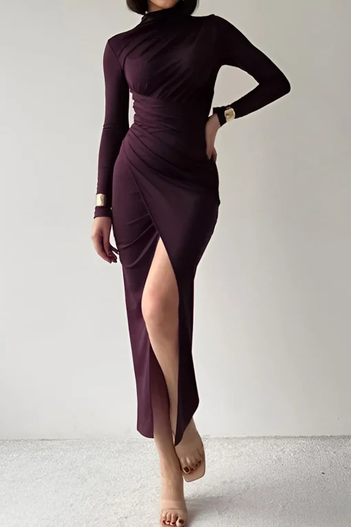 MICAS Long Sleeve Dresses|Maxi Dresses-Solid Asymmetrical Ruched Slit Long-Sleeve Maxi Dress