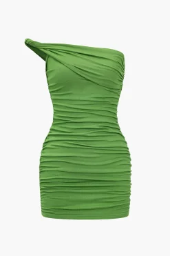 MICAS Mini Dresses-Solid Asymmetrical Ruched Mini Dress LIME