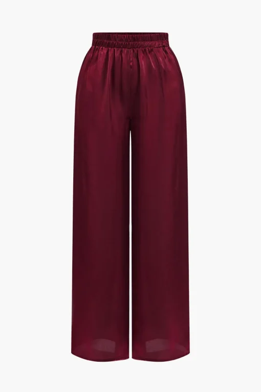 MICAS Pant Sets|Vacation Sets-Solid Asymmetrical Shirt And Trousers Set BURGUNDY