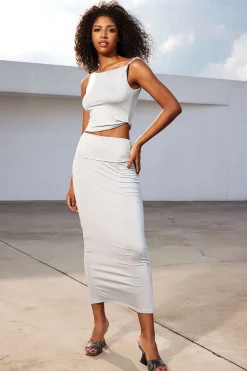 MICAS Skirt Sets-Solid Asymmetrical Twist Knot Top And Midi Skirt Set GRAY