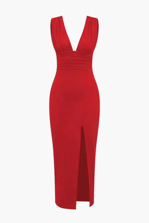 MICAS Midi Dresses-Solid Backless Ruched Slit Midi Dress