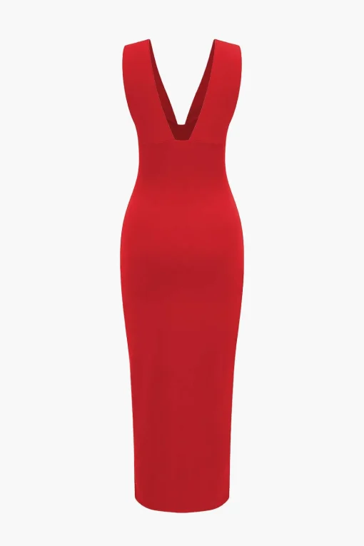 MICAS Midi Dresses-Solid Backless Ruched Slit Midi Dress