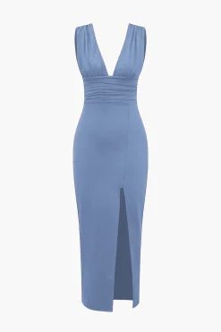 MICAS Midi Dresses-Solid Backless Ruched Slit Midi Dress