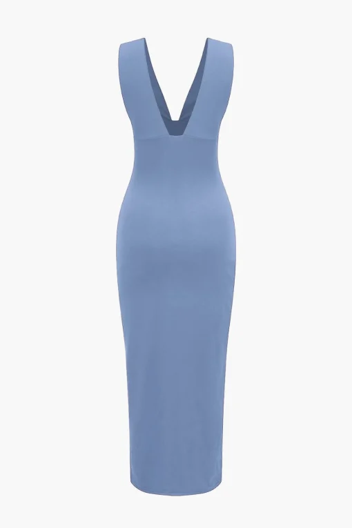 MICAS Midi Dresses-Solid Backless Ruched Slit Midi Dress