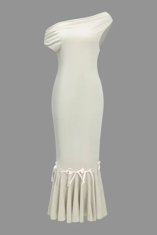 MICAS Midi Dresses-Solid Bow Asymmetrical Midi Dress BEIGE