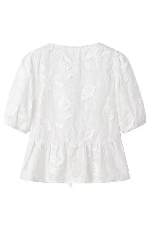 MICAS Blouses & Shirts-Solid Bow Embroidery Tie-Up Short-Sleeve Shirt WHITE