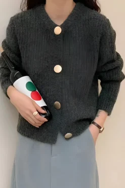MICAS Outerwear|Outerwear-Solid Button Sweater Cardigan DARK GRAY