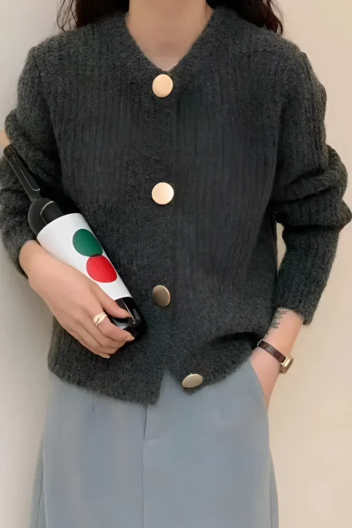 MICAS Outerwear|Outerwear-Solid Button Sweater Cardigan DARK GRAY