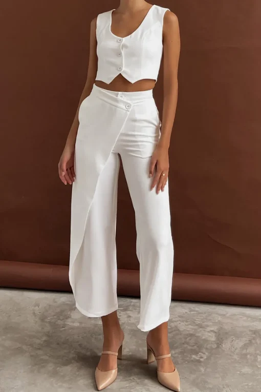 MICAS Pant Sets|Vacation Sets-Solid Button Up Crop Vest And Asymmetrical Trouser Set WHITE