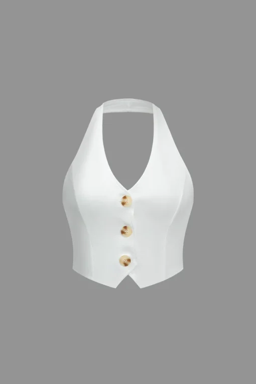 MICAS Pant Sets|Vacation Sets-Solid Button V-Neck Top And Trouser Set WHITE
