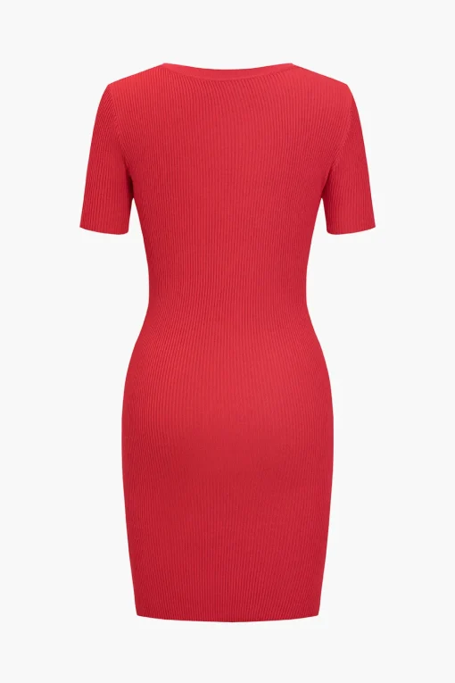 MICAS Knit Dresses-Solid Chain Pocket Knit Mini Dress RED