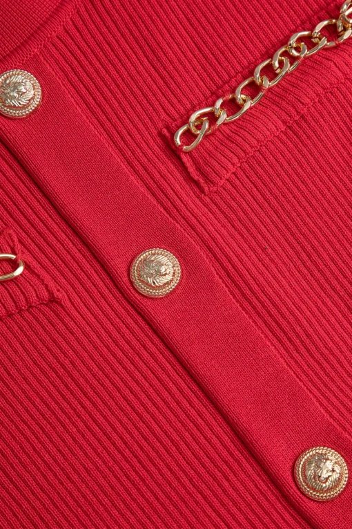 MICAS Knit Dresses-Solid Chain Pocket Knit Mini Dress RED
