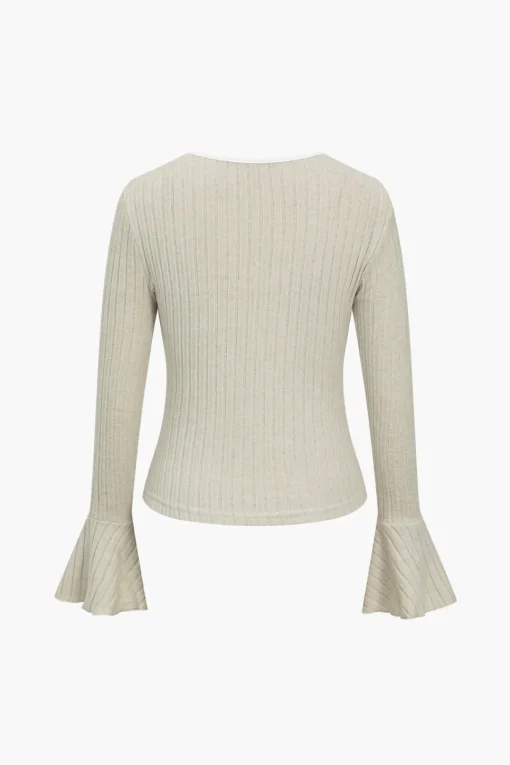 MICAS Long Sleeve Tops|Long Sleeves Tops-Solid Contrast Binding Square Neck Bell Sleeve Top BEIGE
