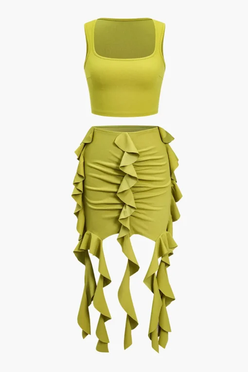 MICAS Skirt Sets-Solid Crop Tank Top And Ruffle Skirt Set GREEN