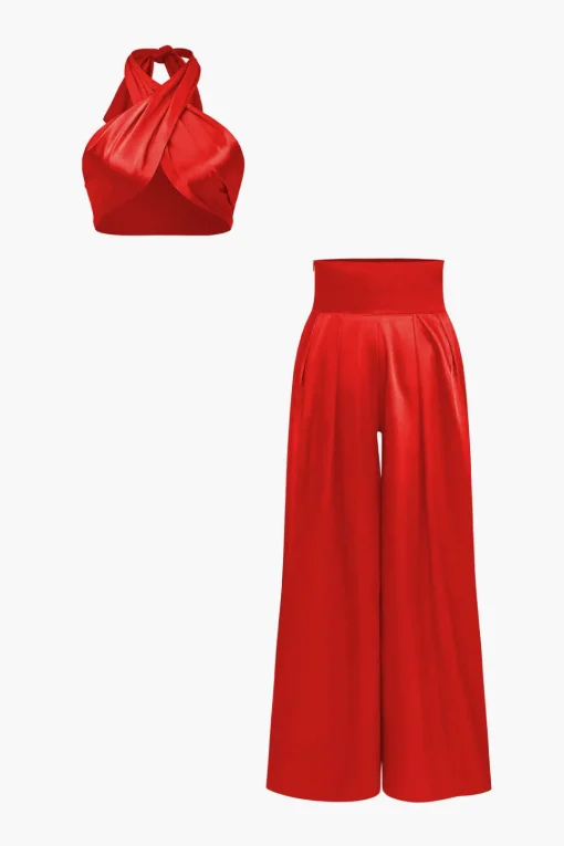 MICAS Pant Sets|Vacation Sets-Solid Crossed Backless Top And Wide Leg Trousers Set GREEN