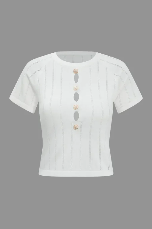 MICAS Skirt Sets-Solid Cut Out Button Skirt Set WHITE