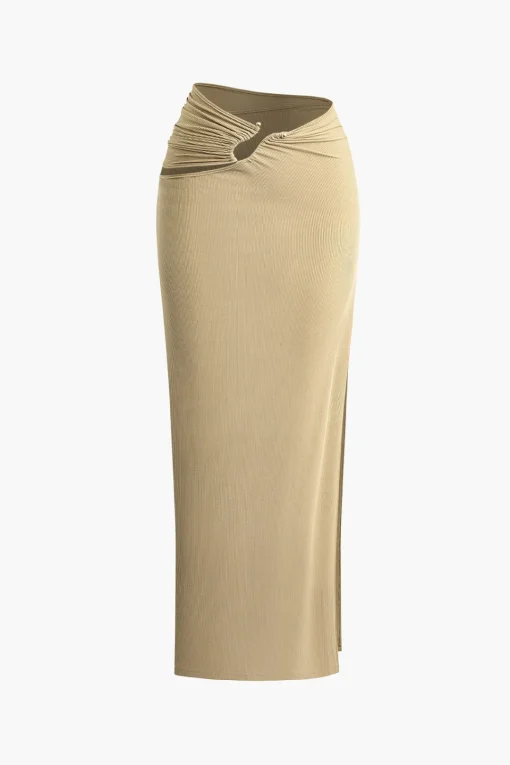 MICAS Skirt Sets-Solid Cut Out Crop Tank Top And Ruched Split Midi Skirt Set KHAKI