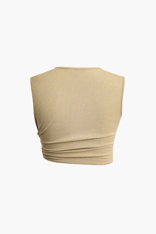 MICAS Skirt Sets-Solid Cut Out Crop Tank Top And Ruched Split Midi Skirt Set KHAKI