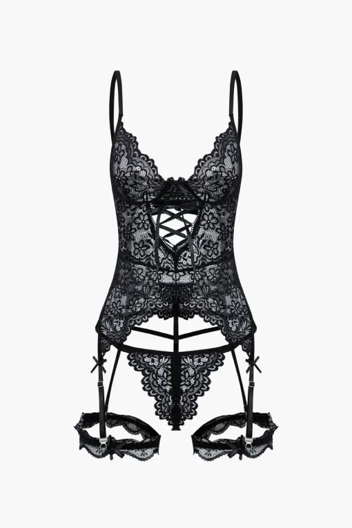 MICAS Lingerie & Sleepwear-Solid Cut Out Lace Lingerie Garter Set BLACK