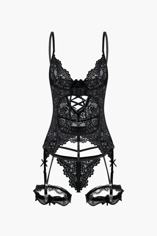MICAS Lingerie & Sleepwear-Solid Cut Out Lace Lingerie Garter Set BLACK