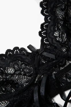 MICAS Lingerie & Sleepwear-Solid Cut Out Lace Lingerie Garter Set BLACK