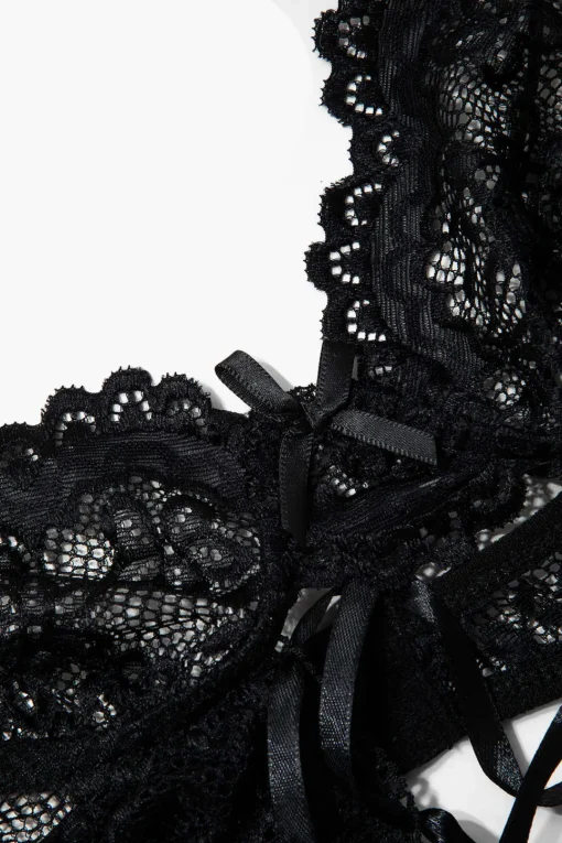MICAS Lingerie & Sleepwear-Solid Cut Out Lace Lingerie Garter Set BLACK