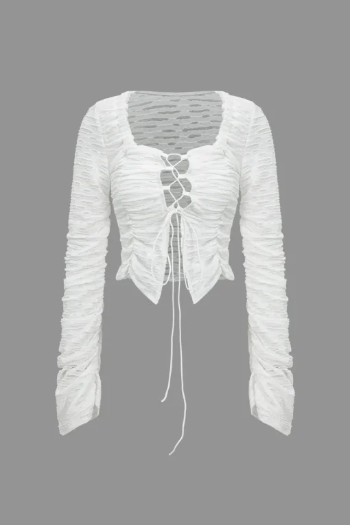 MICAS Long Sleeve Tops|Long Sleeves Tops-Solid Cut Out Tie Up Long-Sleeve Top WHITE