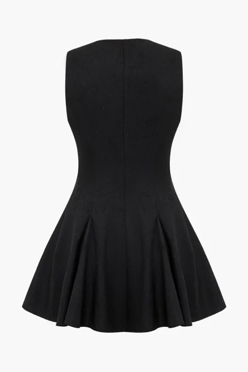 MICAS Mini Dresses-Solid Double Breasted V-Neck Mini Dress BLACK