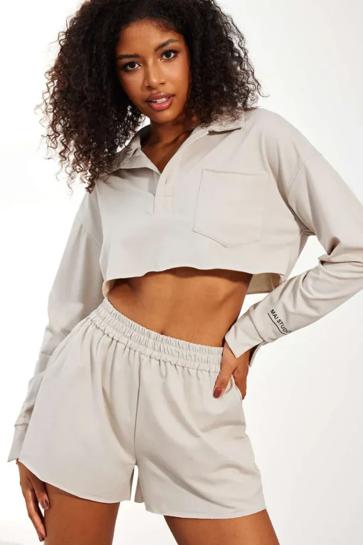 MICAS Short Sets-Solid Drawstring Frayed Shorts Set KHAKI