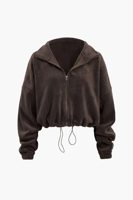 MICAS Outerwear|Outerwear-Solid Drawstring Mock Neck Zipper Jacket COFFEE