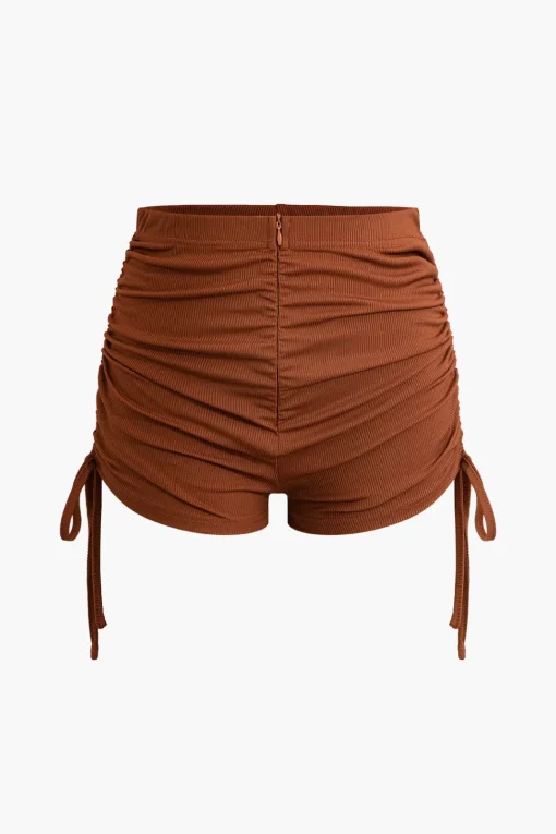 MICAS Short Sets-Solid Drawstring Zipper Shorts Set CHOCOLATE