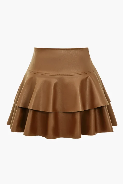 MICAS Skirts-Solid Faux Leather Asymmetrical Layer Skirt