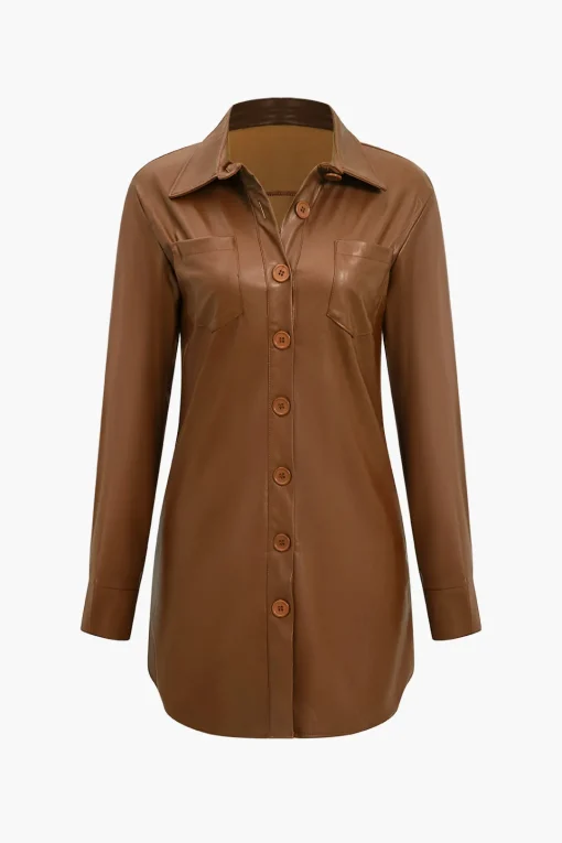 MICAS Mini Dresses|Long Sleeve Dresses-Solid Faux Leather Button Long Sleeve Mini Dress
