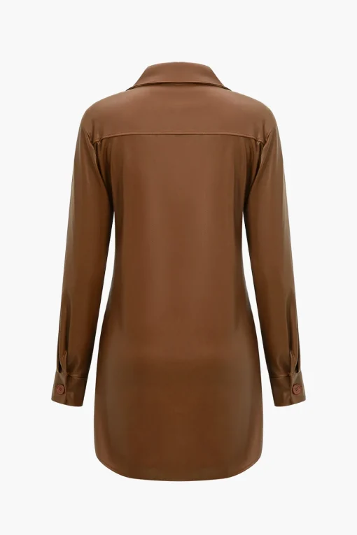 MICAS Mini Dresses|Long Sleeve Dresses-Solid Faux Leather Button Long Sleeve Mini Dress