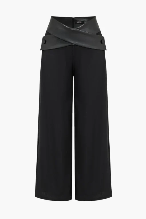 MICAS Pants-Solid Faux Leather Patchwork High Waist Crossed Pocket Trousers