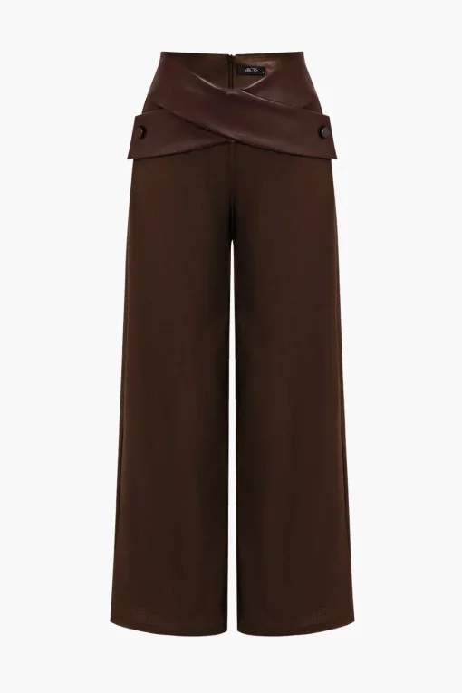 MICAS Pants-Solid Faux Leather Patchwork High Waist Crossed Pocket Trousers