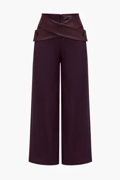 MICAS Pants-Solid Faux Leather Patchwork High Waist Crossed Pocket Trousers