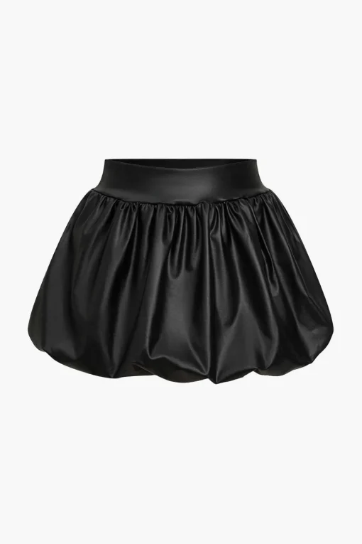 MICAS Skirts-Solid Faux Leather Ruched Puff Skirt
