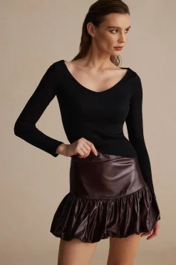 MICAS Skirts-Solid Faux Leather Ruched Skirt BURGUNDY