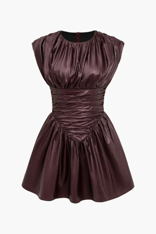 MICAS Mini Dresses-Solid Faux Leather Ruched Mini Dress BURGUNDY