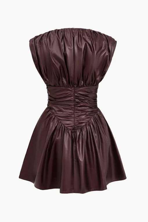 MICAS Mini Dresses-Solid Faux Leather Ruched Mini Dress BURGUNDY