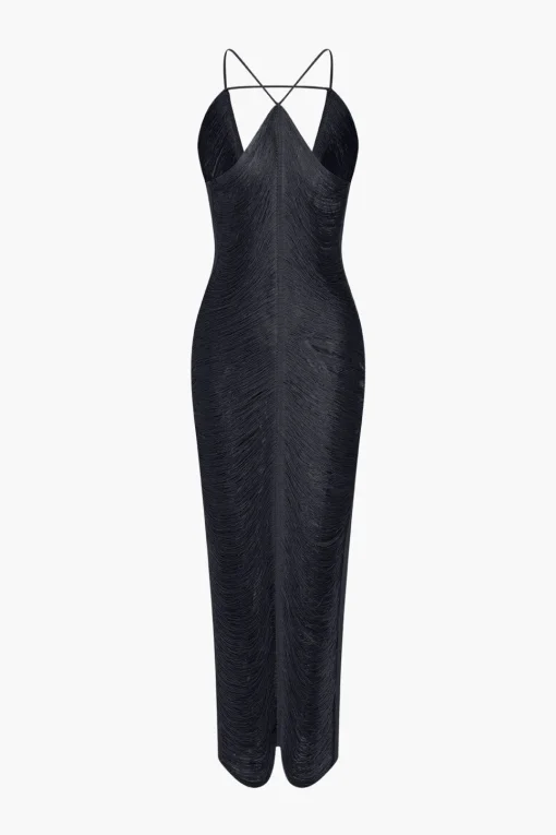 MICAS Midi Dresses-Solid Fringe Cut Out Slit Midi Dress