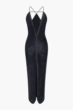 MICAS Midi Dresses-Solid Fringe Cut Out Slit Midi Dress