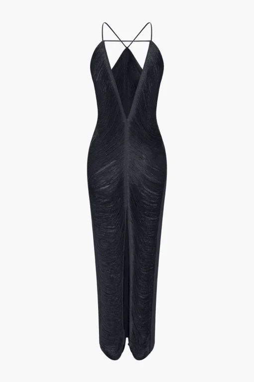 MICAS Midi Dresses-Solid Fringe Cut Out Slit Midi Dress