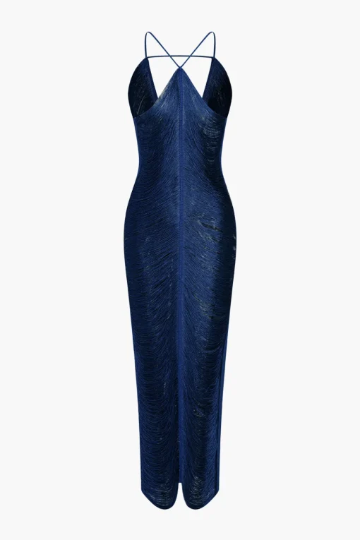 MICAS Midi Dresses-Solid Fringe Cut Out Slit Midi Dress