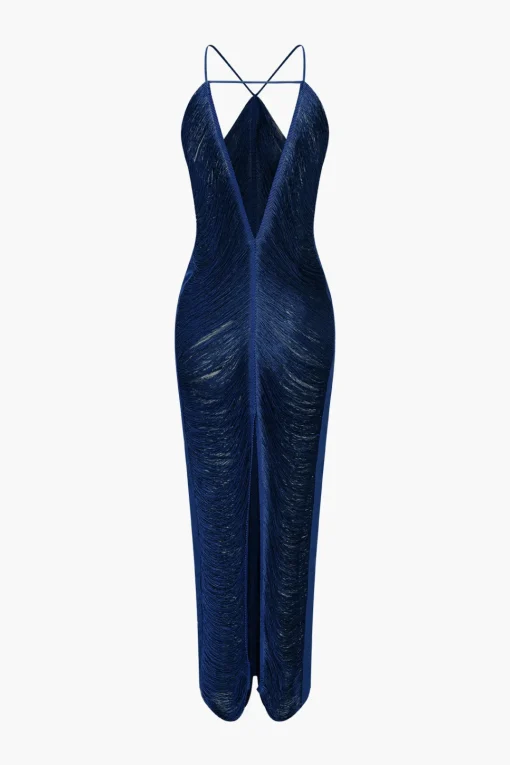 MICAS Midi Dresses-Solid Fringe Cut Out Slit Midi Dress
