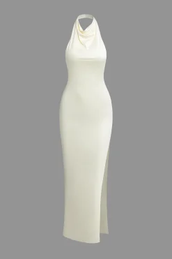 MICAS Maxi Dresses-Solid Halter Backless Slit Sleeveless Maxi Dress
