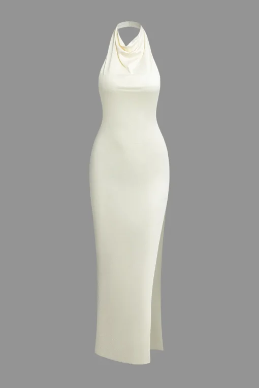 MICAS Maxi Dresses-Solid Halter Backless Slit Sleeveless Maxi Dress