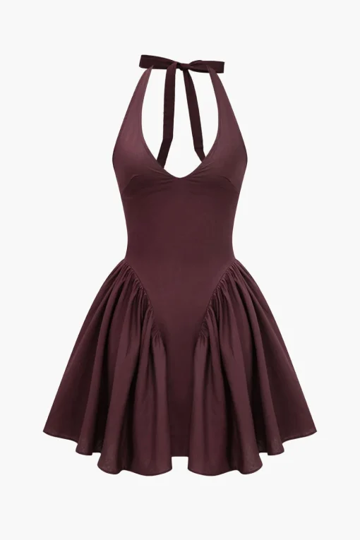 MICAS Mini Dresses-Solid Halter V-neck Ruched Mini Dress BLACK