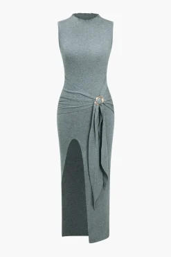 MICAS Knit Dresses-Solid High Slit Knotted Sweater Dress LIGHT GRAY